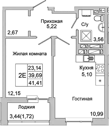 Планировка — Булгаков, 2-комн., 40 м²