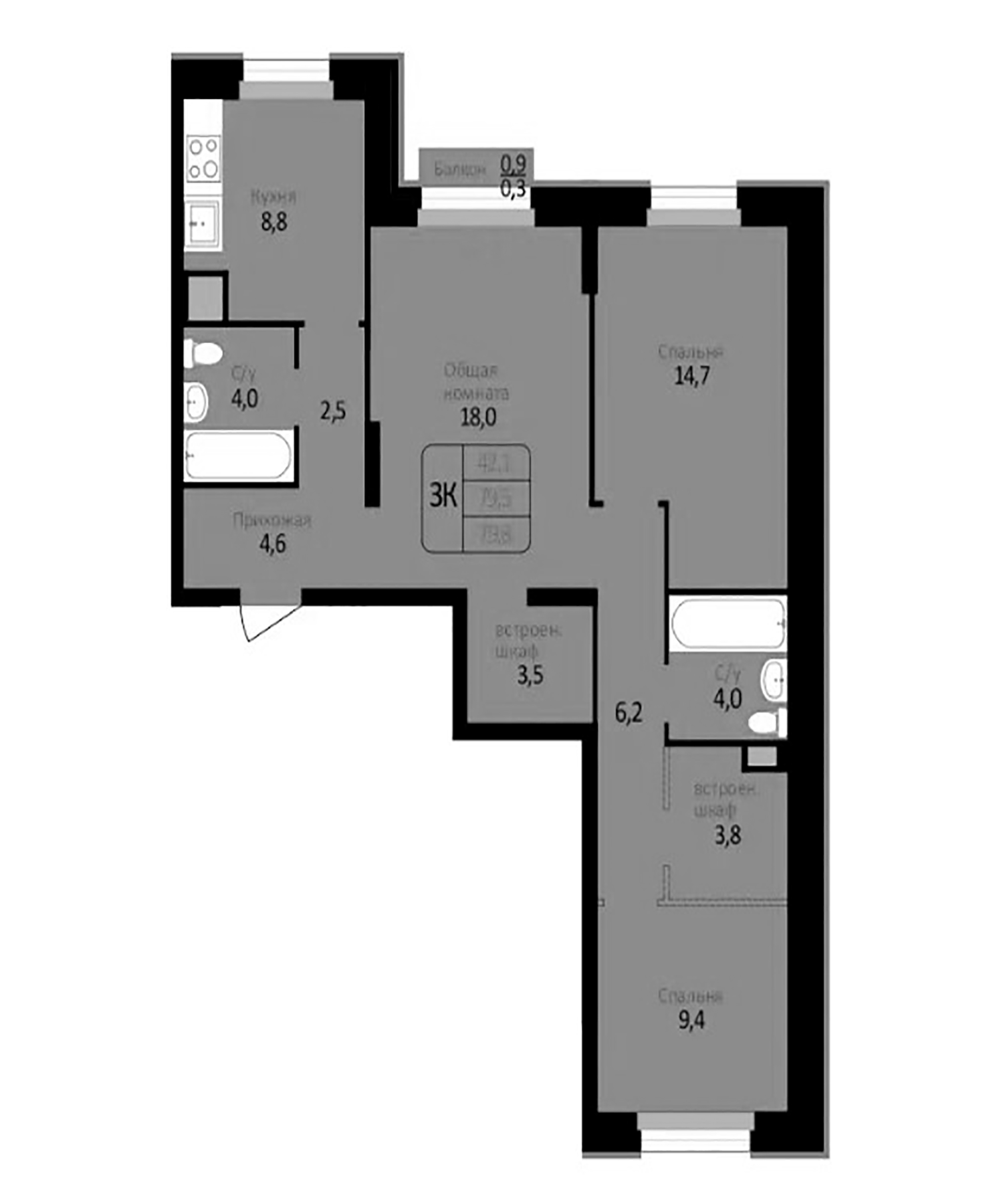 Планировка — Первомайский, 3-комн., 80 м²