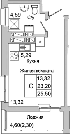 Планировка — Булгаков, Студия, 23 м²
