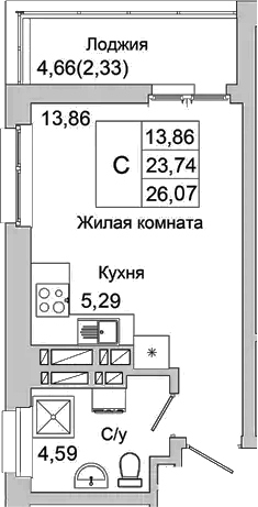 Планировка — Булгаков, Студия, 24 м²