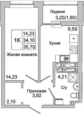 Планировка — Булгаков, 1-комн., 34 м²