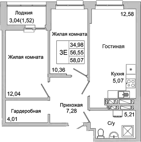 Планировка — Булгаков, 3-комн., 57 м²