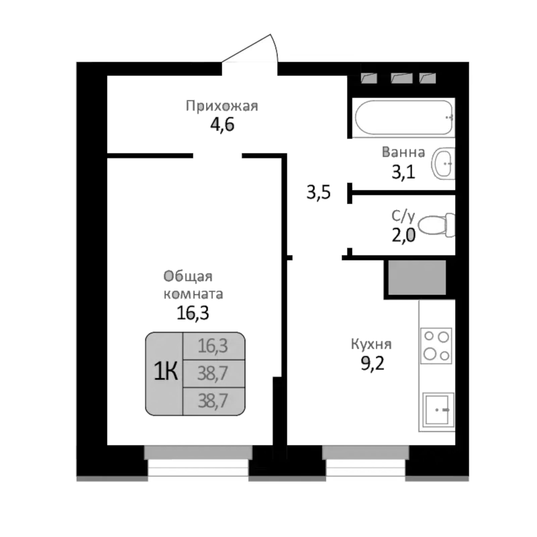 Планировка — Первомайский, 1-комн., 39 м²