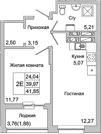 Планировка — Булгаков, 2-комн., 40 м²