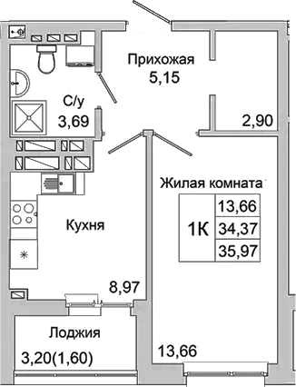 Планировка — Булгаков, 1-комн., 34 м²