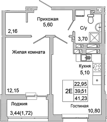 Планировка — Булгаков, 2-комн., 40 м²