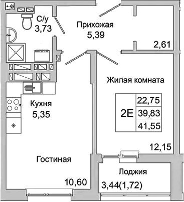 Планировка — Булгаков, 2-комн., 40 м²