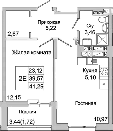 Планировка — Булгаков, 2-комн., 40 м²