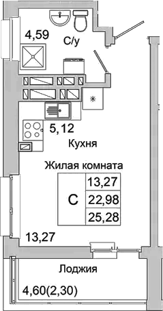 Планировка — Булгаков, Студия, 23 м²