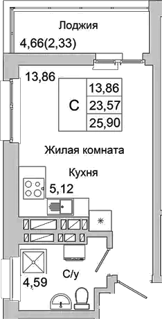 Планировка — Булгаков, Студия, 24 м²