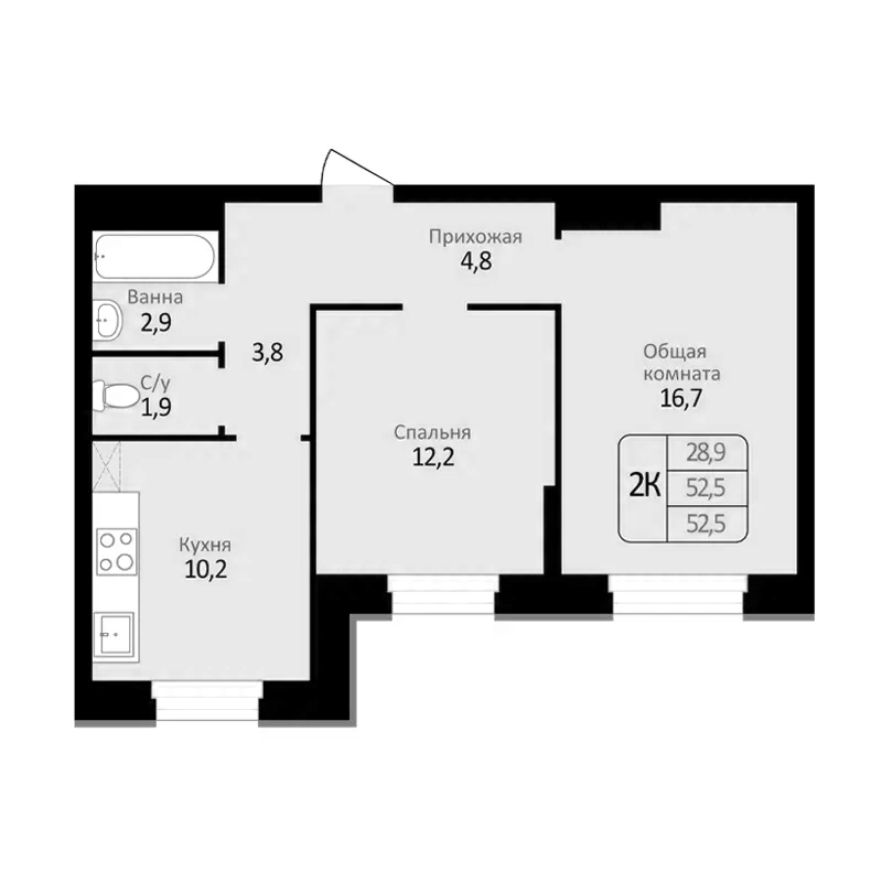 Планировка — Первомайский, 2-комн., 53 м²