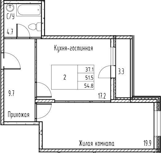 Планировка — Gray, 2-комн., 51 м²
