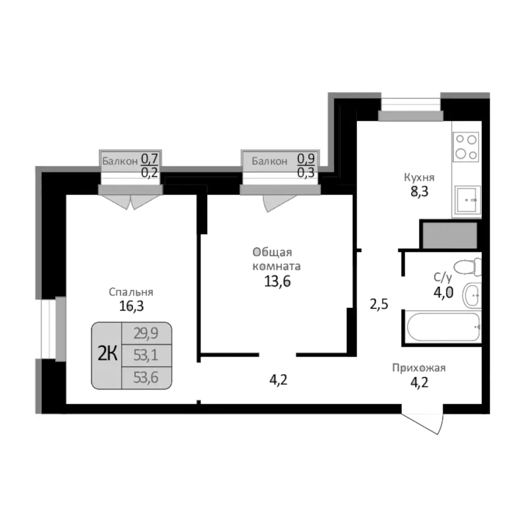 Планировка — Первомайский, 2-комн., 53 м²