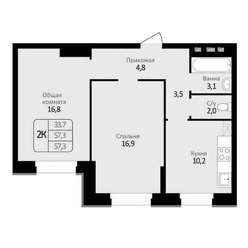 Планировка — Первомайский, 2-комн., 57 м²