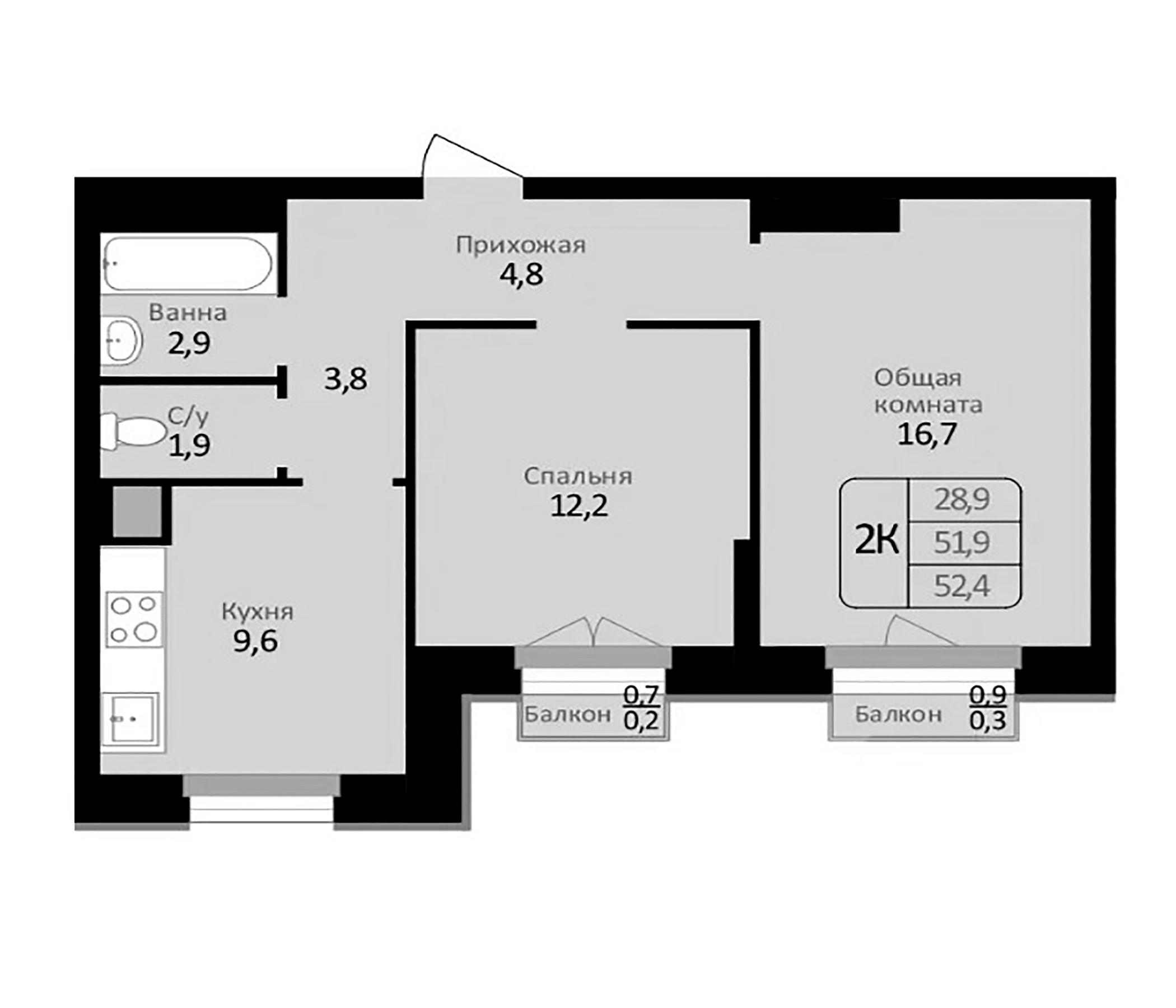 Планировка — Первомайский, 2-комн., 52 м²