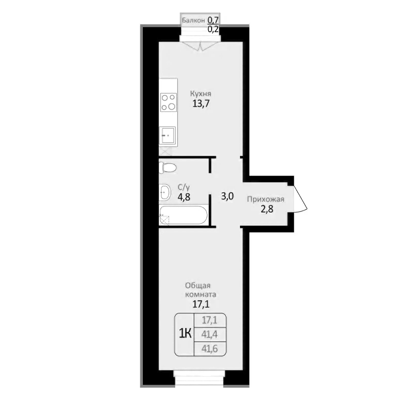 Планировка — Первомайский, 1-комн., 41 м²