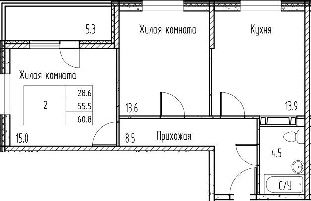 Планировка — Gray, 2-комн., 55 м²