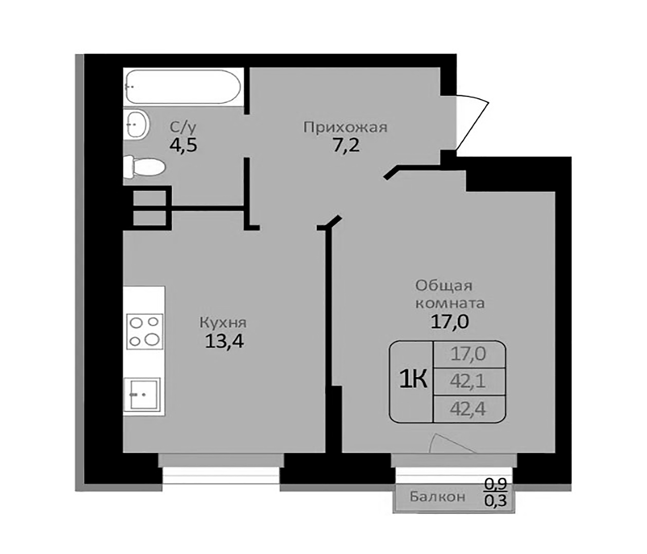 Планировка — Первомайский, 1-комн., 42 м²