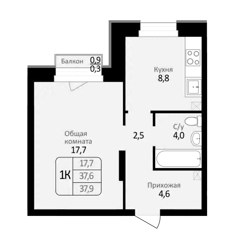 Планировка — Первомайский, 1-комн., 38 м²