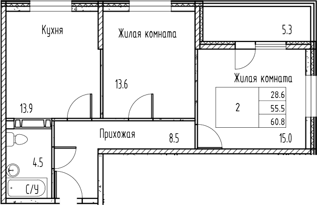 Планировка — Gray, 2-комн., 55 м²