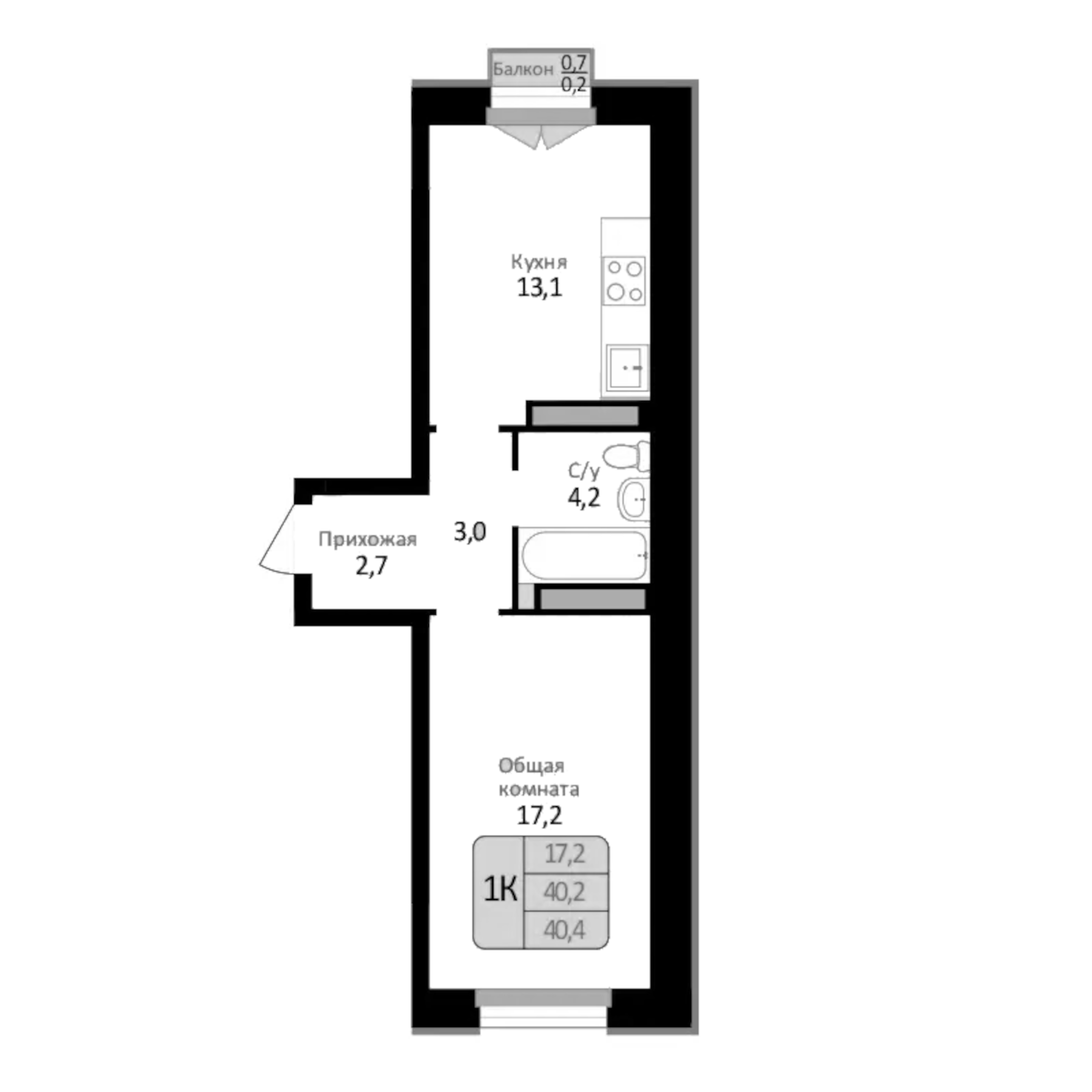 Планировка — Первомайский, 1-комн., 40 м²