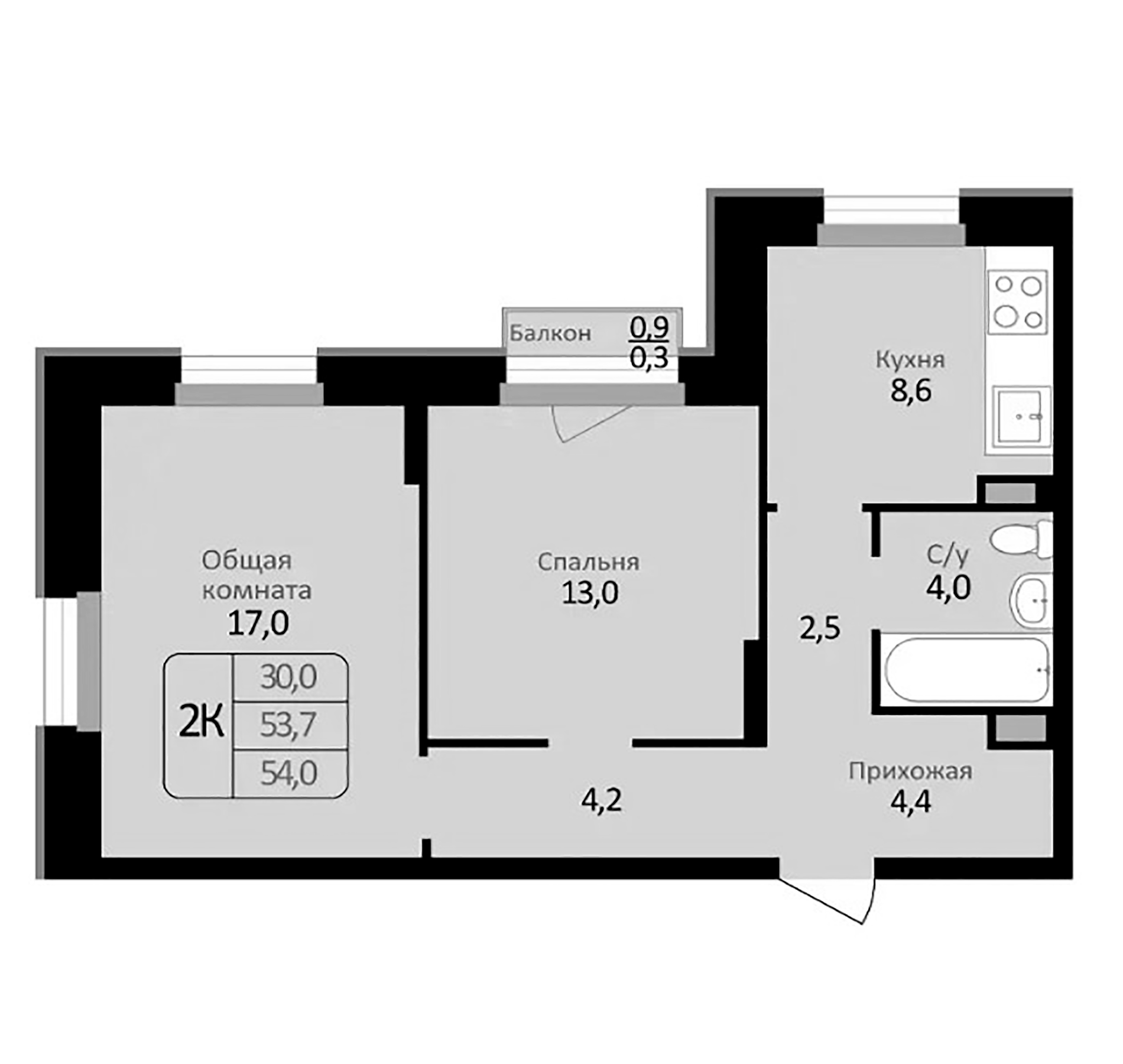 Планировка — Первомайский, 2-комн., 54 м²