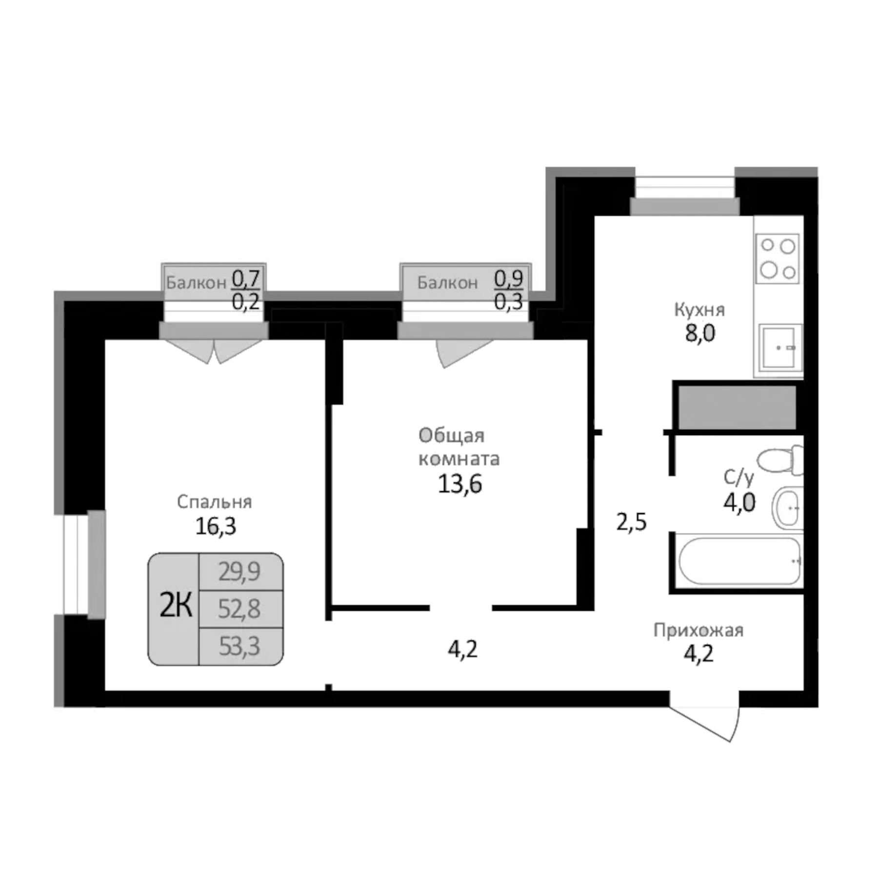 Планировка — Первомайский, 2-комн., 53 м²