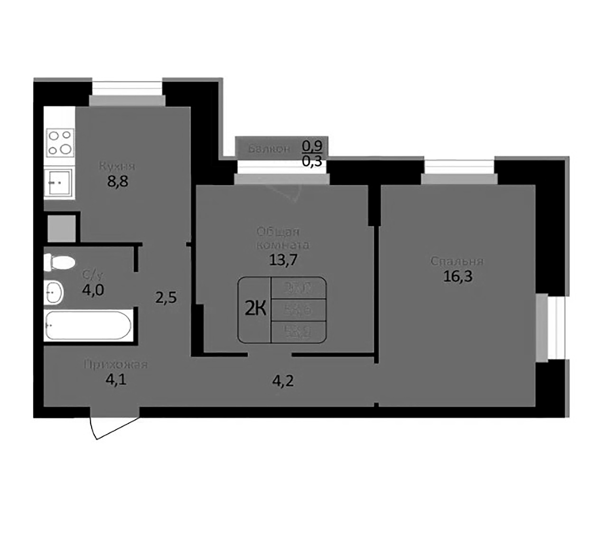 Планировка — Первомайский, 2-комн., 54 м²