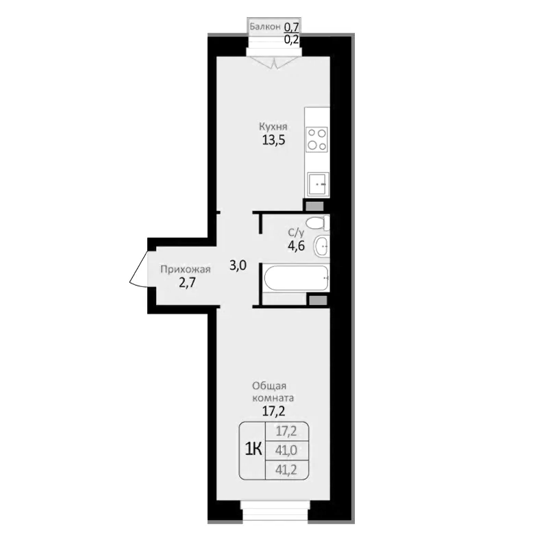 Планировка — Первомайский, 1-комн., 41 м²