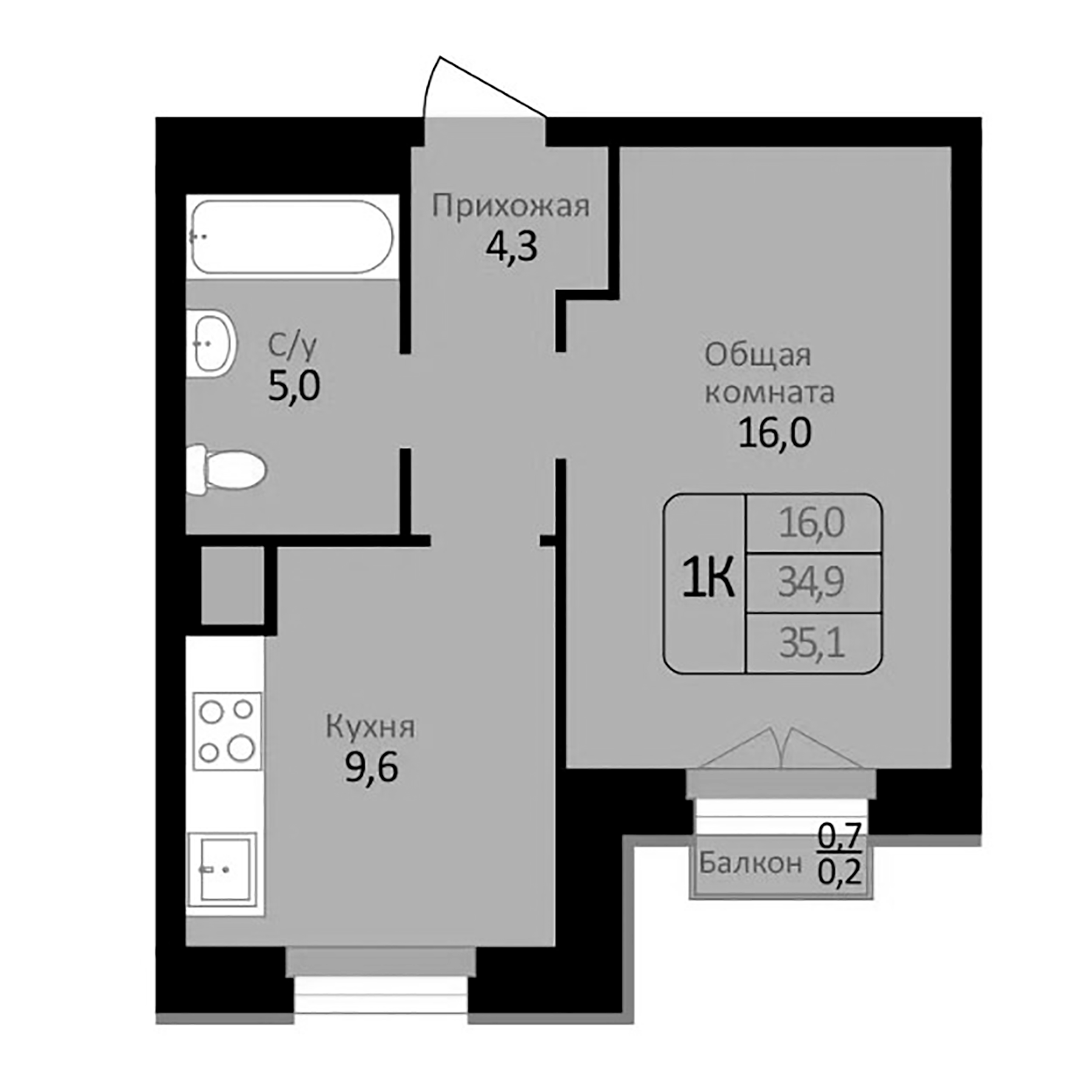 Планировка — Первомайский, 1-комн., 35 м²