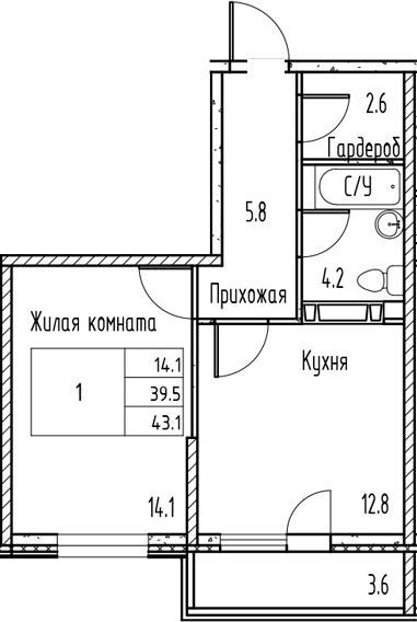 Планировка — Gray, 1-комн., 40 м²