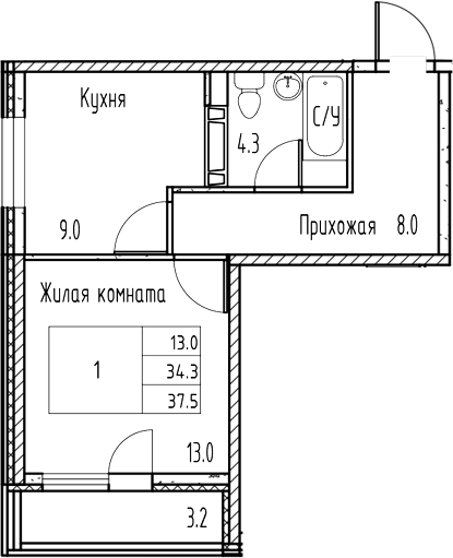 Планировка — Gray, 1-комн., 34 м²