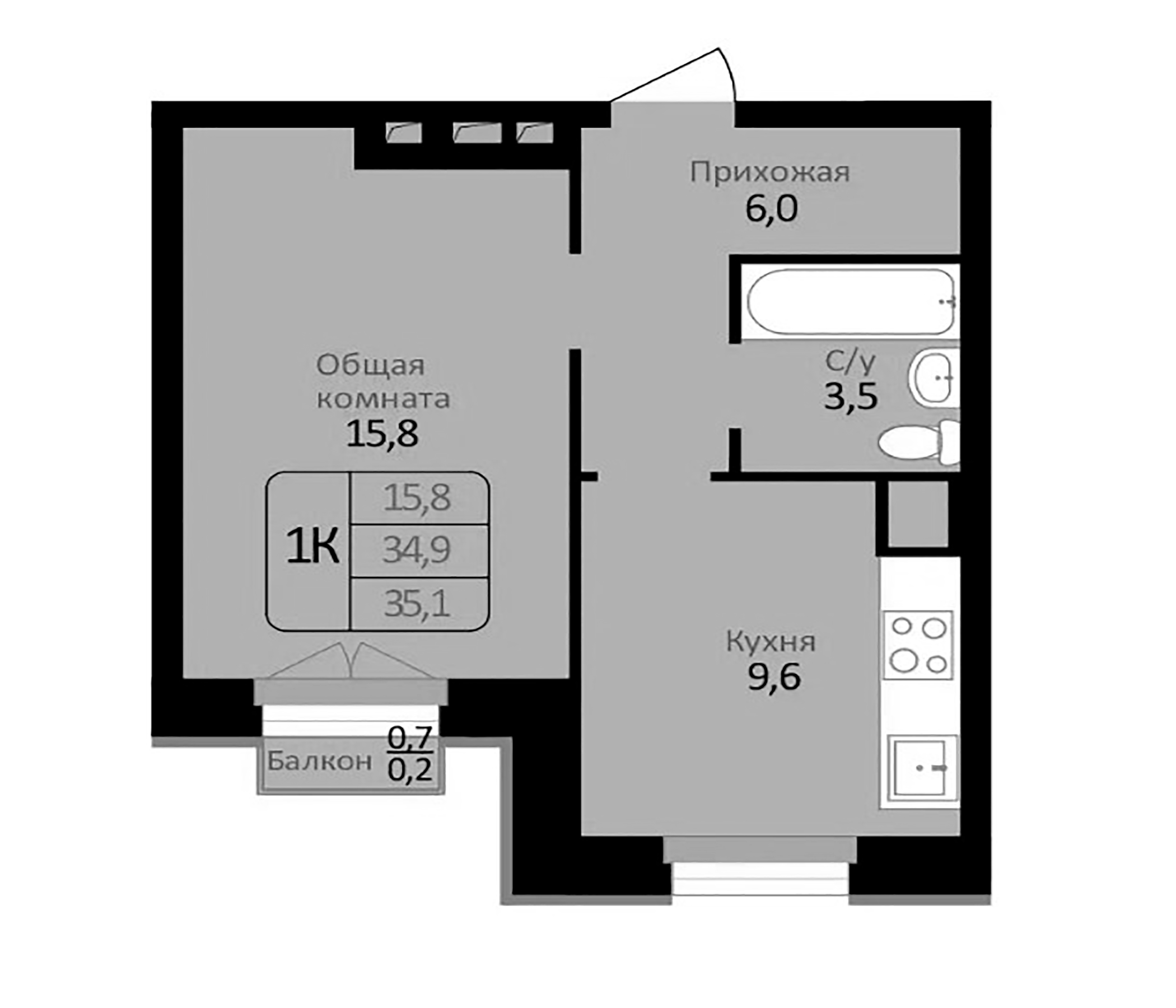 Планировка — Первомайский, 1-комн., 35 м²