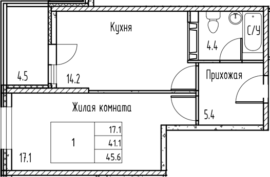 Планировка — Gray, 1-комн., 40 м²