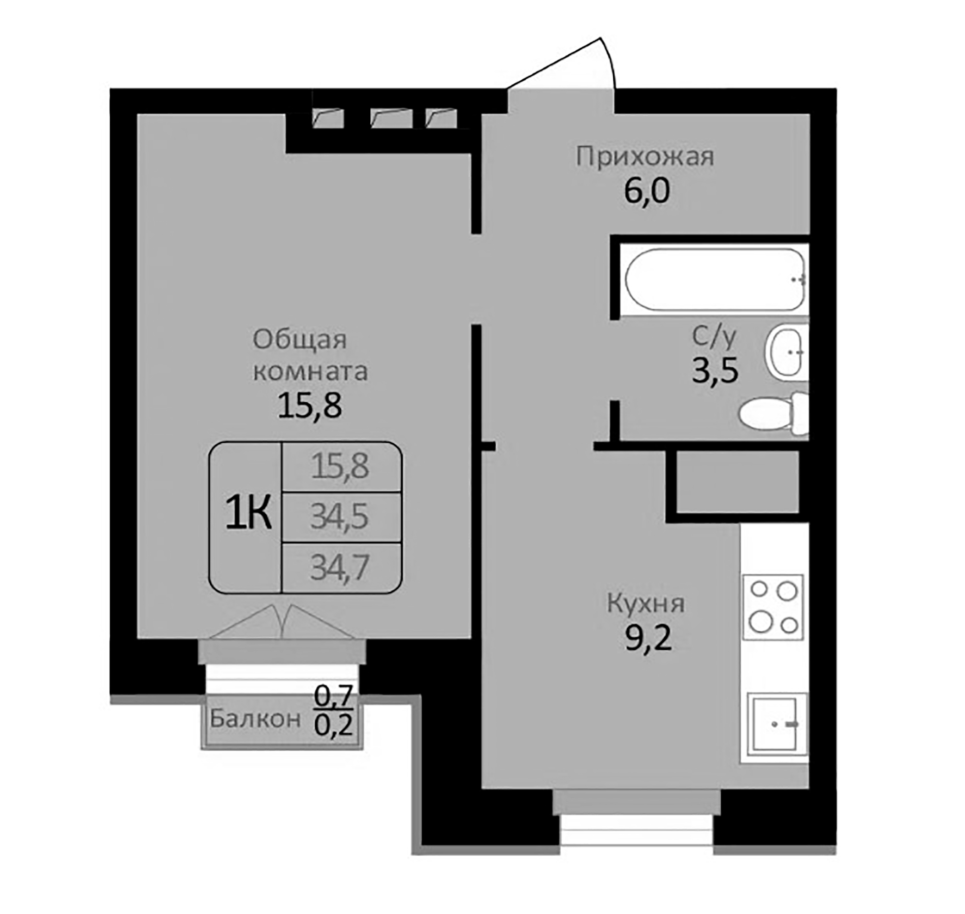 Планировка — Первомайский, 1-комн., 35 м²