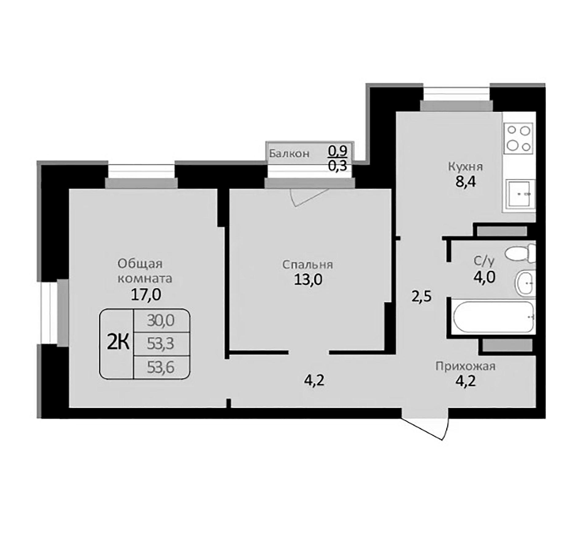 Планировка — Первомайский, 2-комн., 53 м²