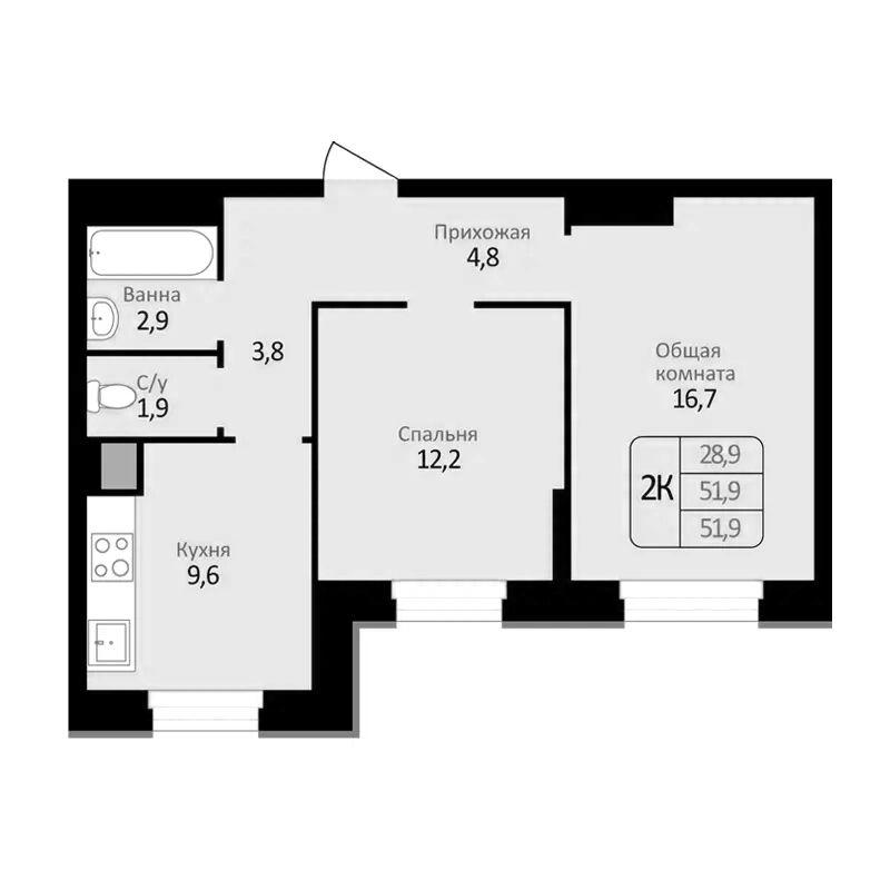 Планировка — Первомайский, 2-комн., 52 м²