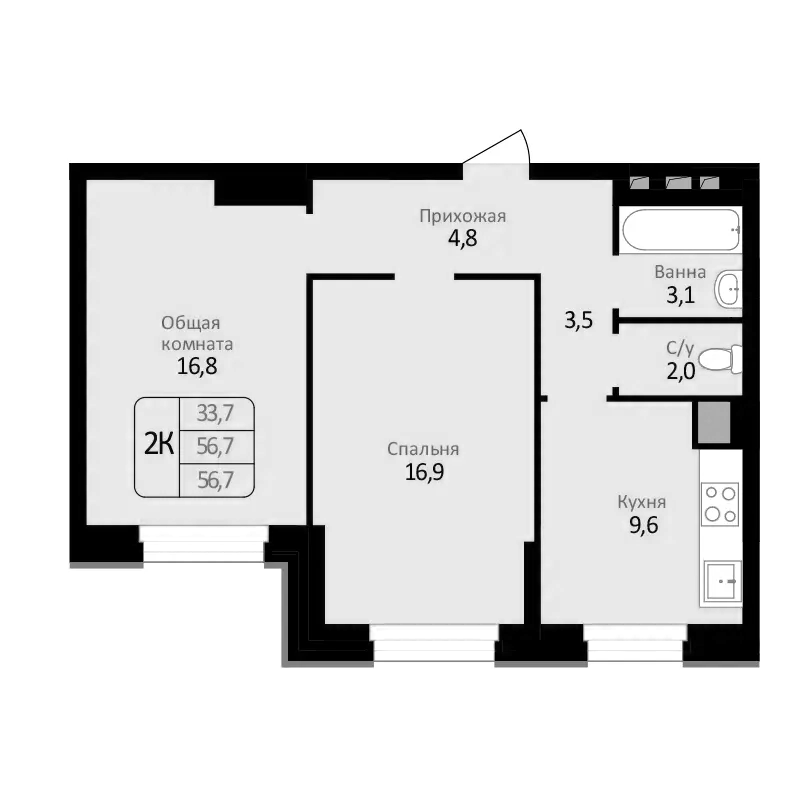 Планировка — Первомайский, 2-комн., 57 м²