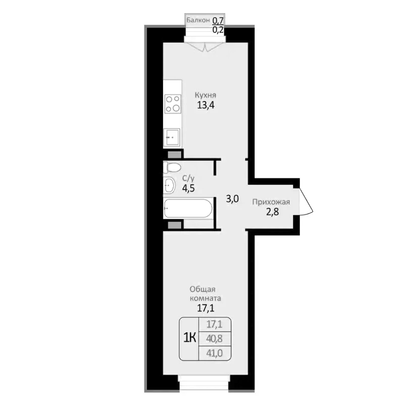Планировка — Первомайский, 1-комн., 41 м²