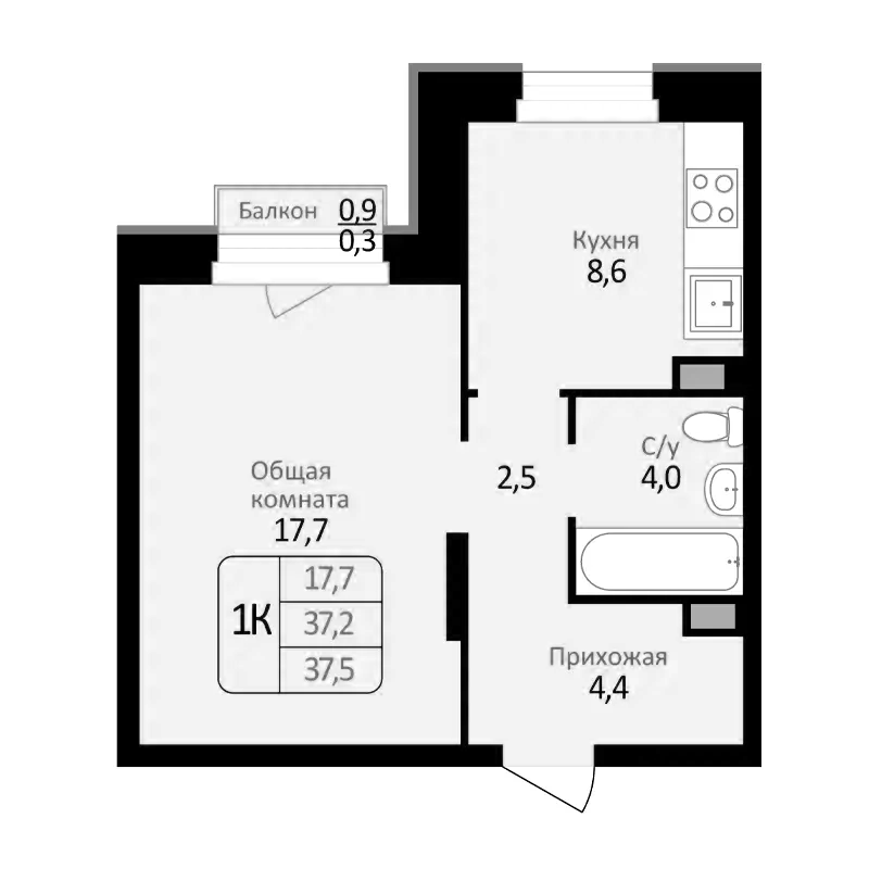 Планировка — Первомайский, 1-комн., 37 м²
