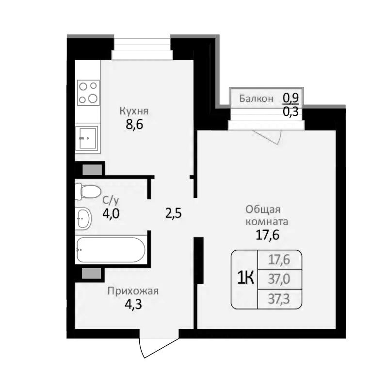 Планировка — Первомайский, 1-комн., 37 м²