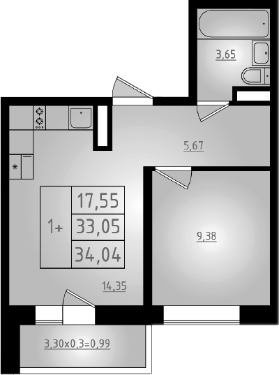 Планировка — Мега 2, 2-комн., 33 м²
