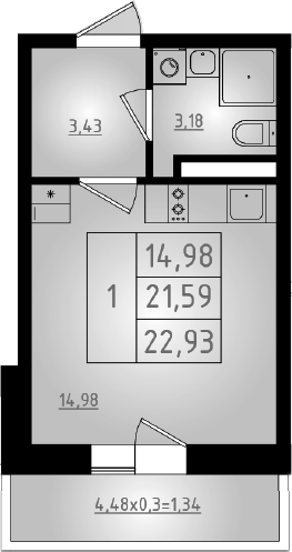 Планировка — Мега 2, Студия, 22 м²