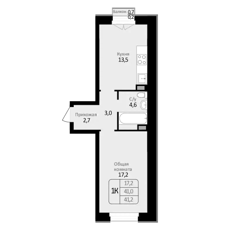 Планировка — Первомайский, 1-комн., 41 м²