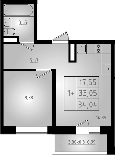 Планировка — Мега 2, 2-комн., 33 м²