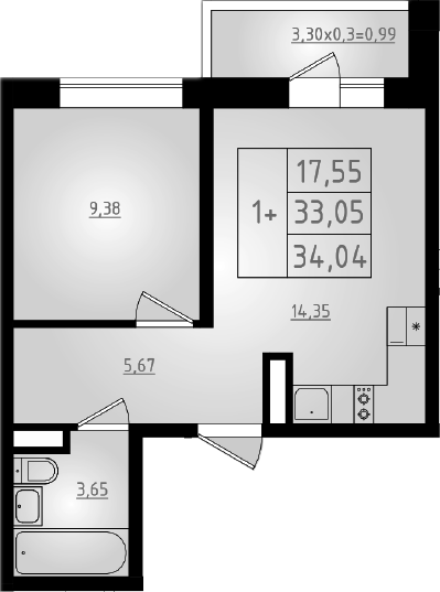 Планировка — Мега 2, 2-комн., 33 м²