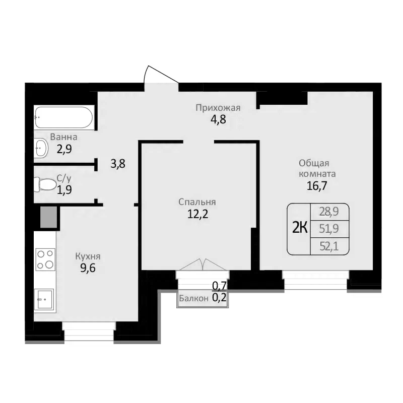 Планировка — Первомайский, 2-комн., 52 м²