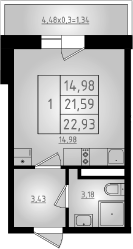Планировка — Мега 2, Студия, 22 м²