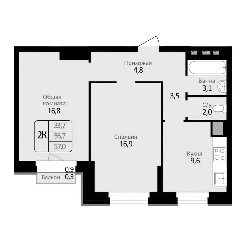 Планировка — Первомайский, 2-комн., 57 м²