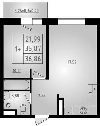 Планировка — Мега 2, 2-комн., 36 м²